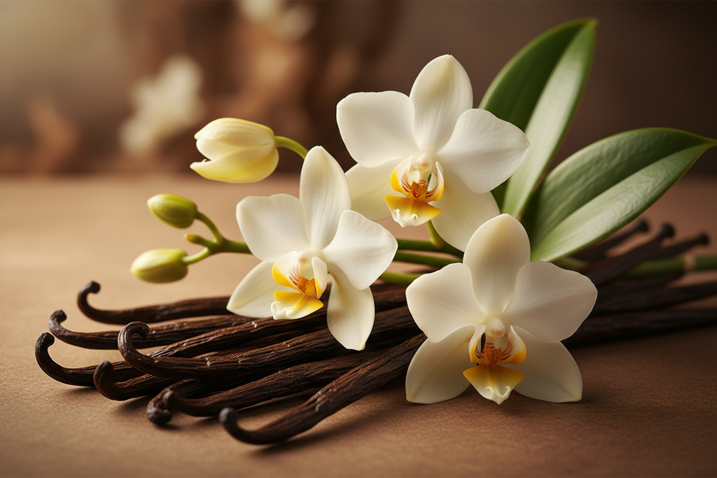Vanilla beans and blossoms