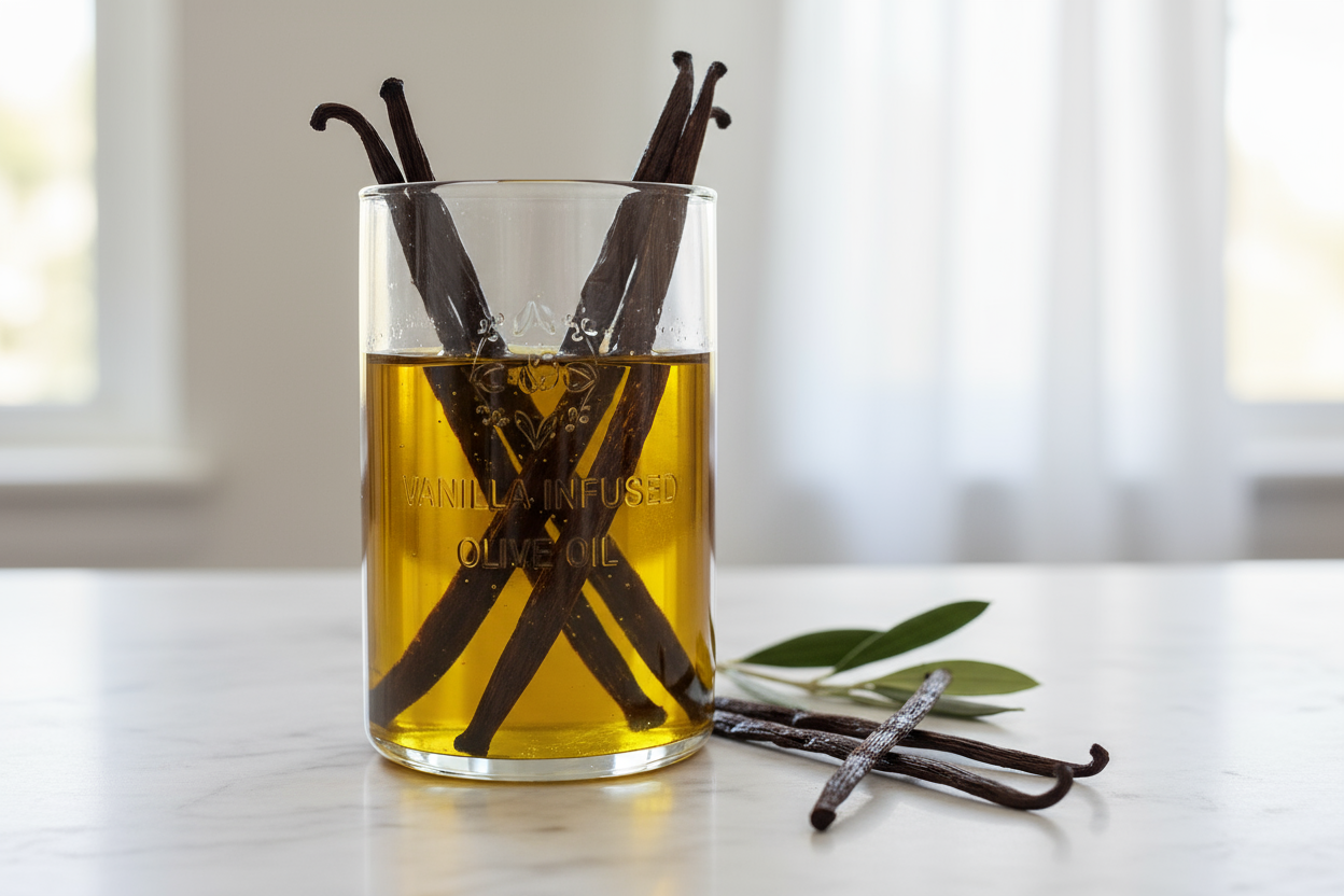 Vanilla beans in a jar of olive oil